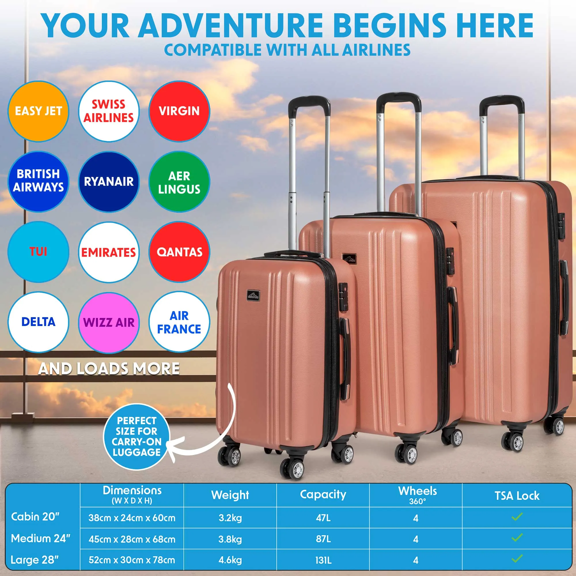 3 Piece Lightweight Luggage Suitcase Trolley Set ABS TSA Lock - Rose Gold - DL125