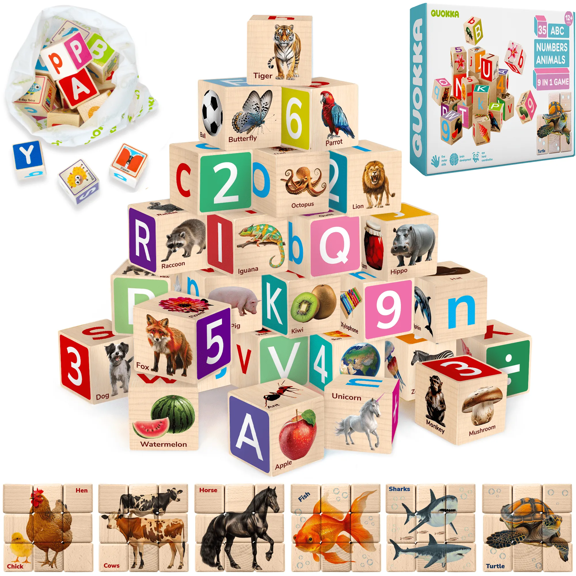 35 Realistic ABC Montessori Wooden Blocks for Toddlers