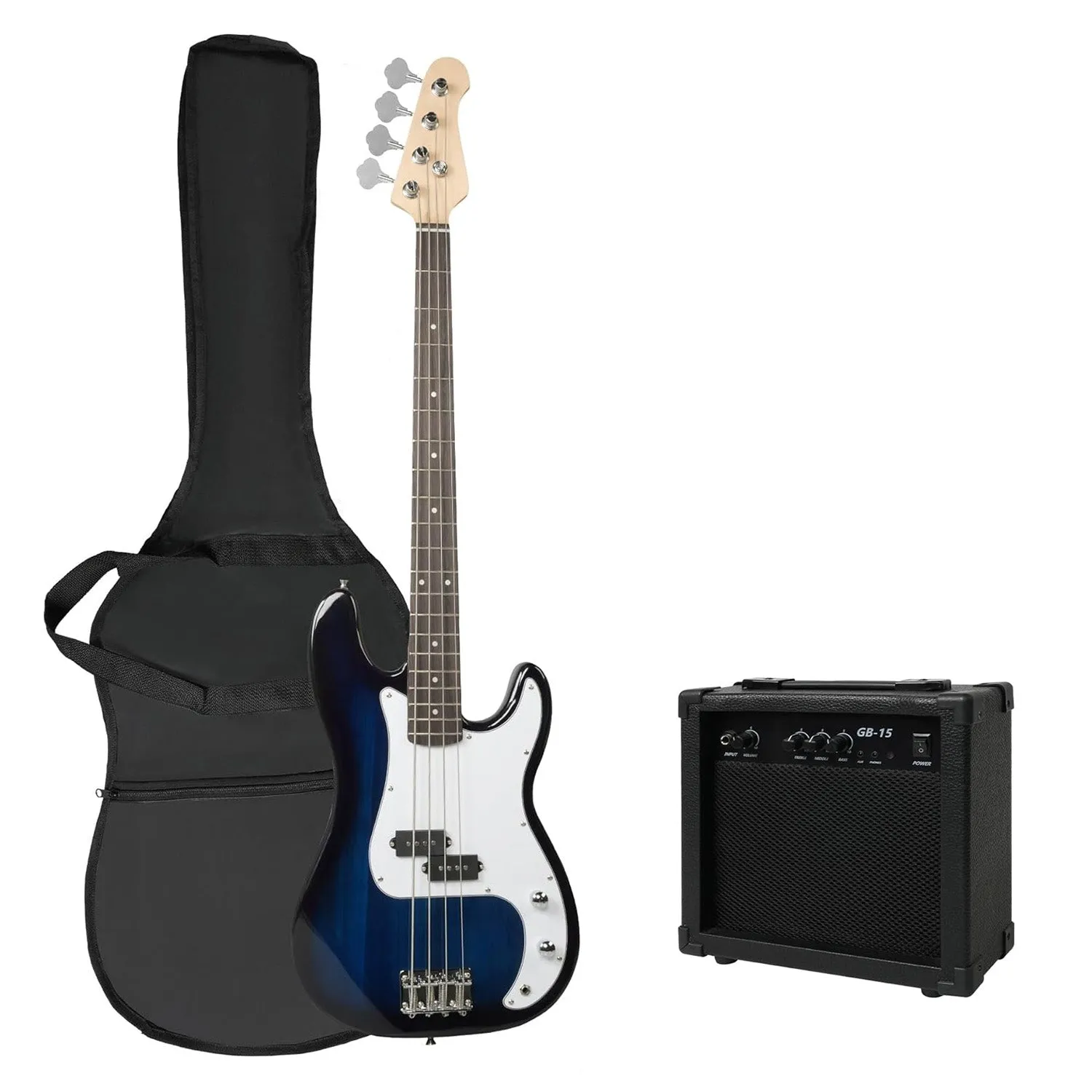 46" Full Size Electric Bass Guitar Kit PB style for Beginners with Amplifier, Blue and White