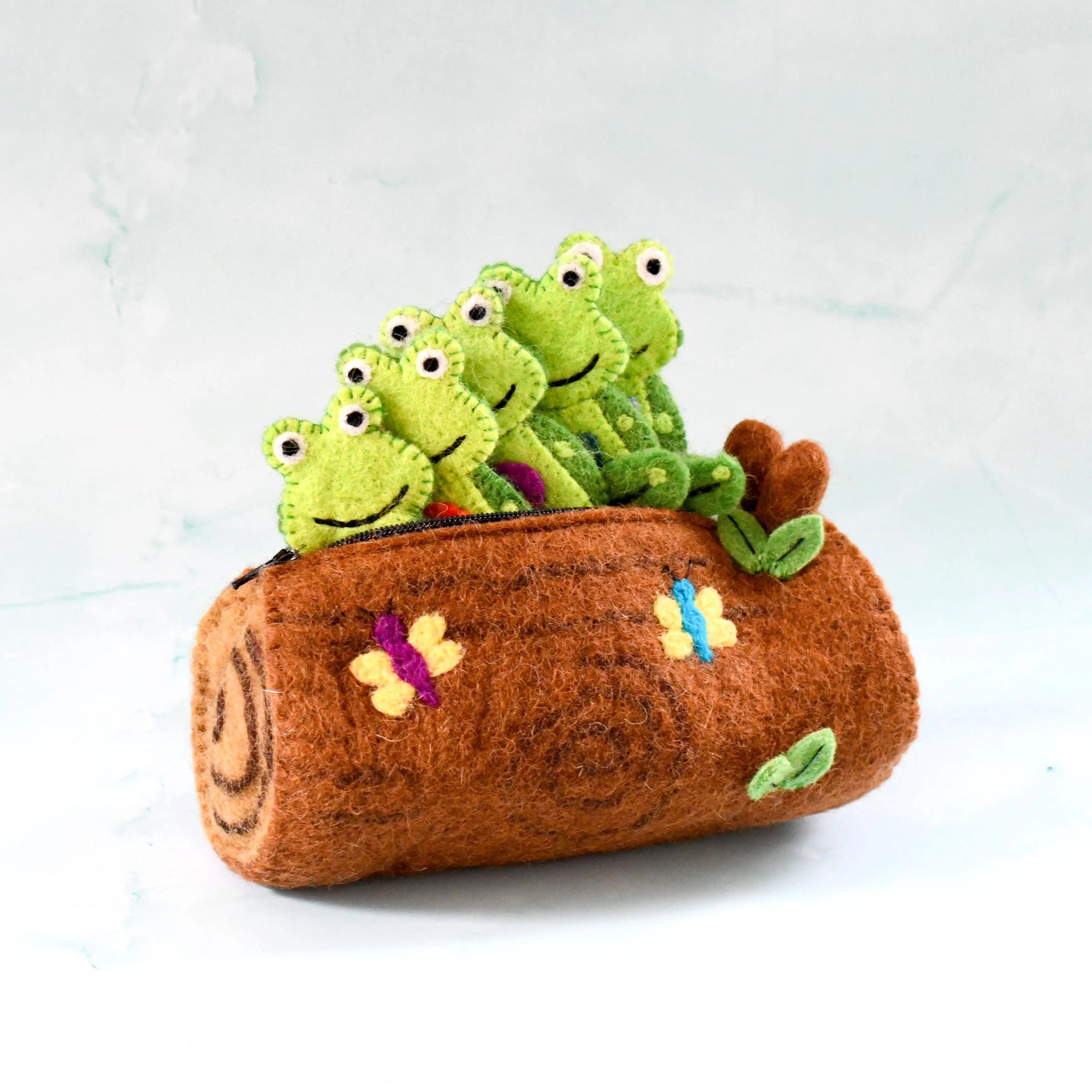 5 Little Speckled Frogs with Log Bag - Finger Puppet Set