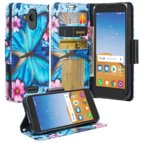 Alcatel Tetra Case, Tetra Wallet Case, Wrist Strap Pu Leather Wallet Case [Kickstand] with ID & Credit Card Slots - Blue Butterfly