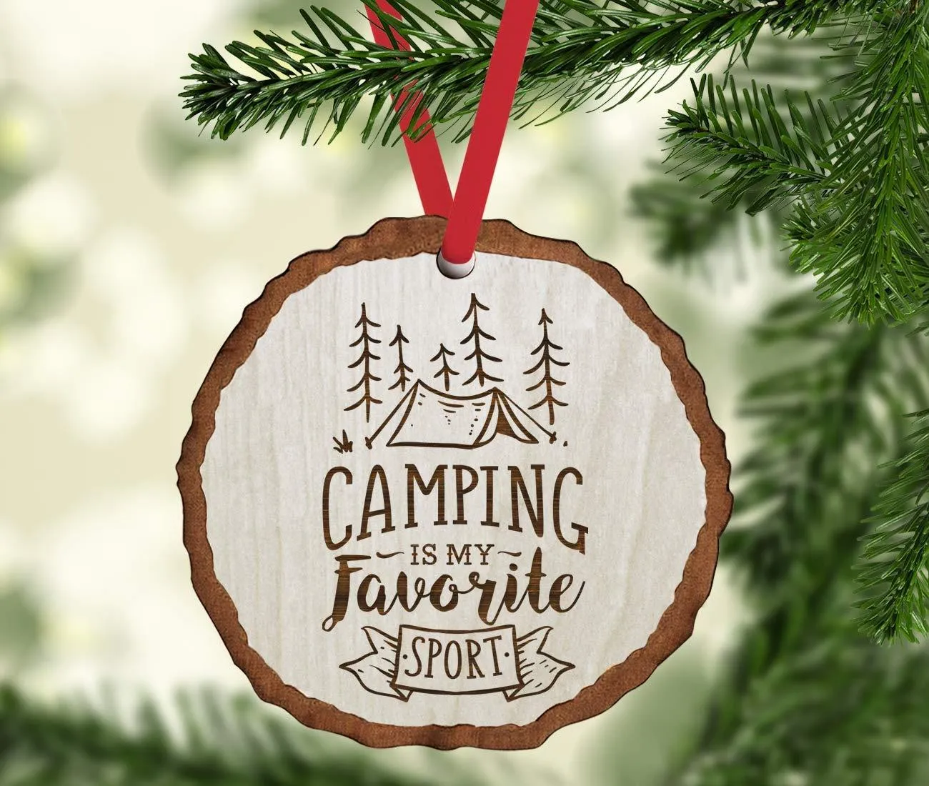 Andaz Press Real Wood Rustic Christmas Ornament, Engraved Wood Slab, Camping is My Favorite Sport