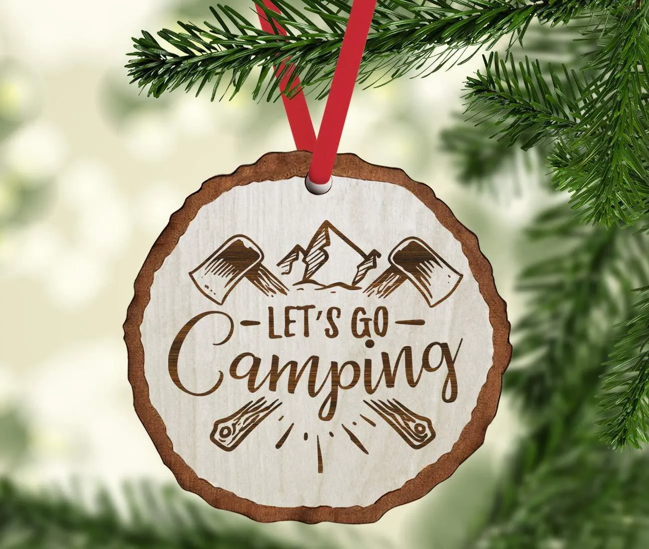 Andaz Press Real Wood Rustic Christmas Ornament, Engraved Wood Slab, Let's go Camping