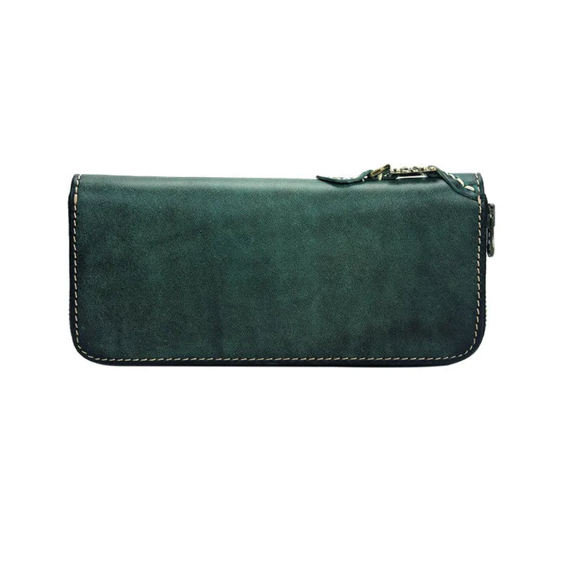 Around Zip Green Leather Biker Wallet Mens Minimalist Zipper Clutch Wallet for Men