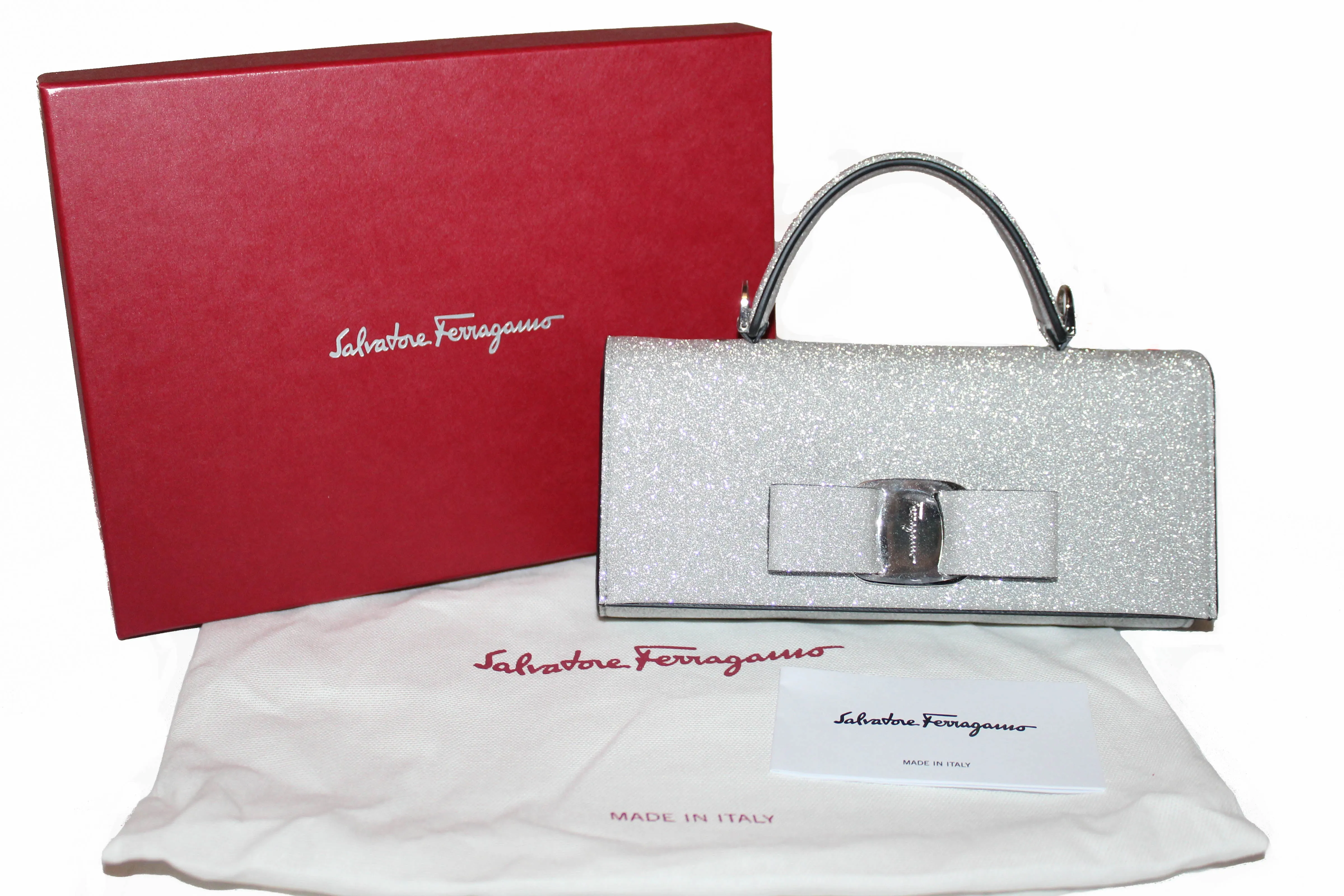 Authentic New Salvatore Ferragamo Metallic Silver Glitter Mini Vara Bow Top Handle Clutch