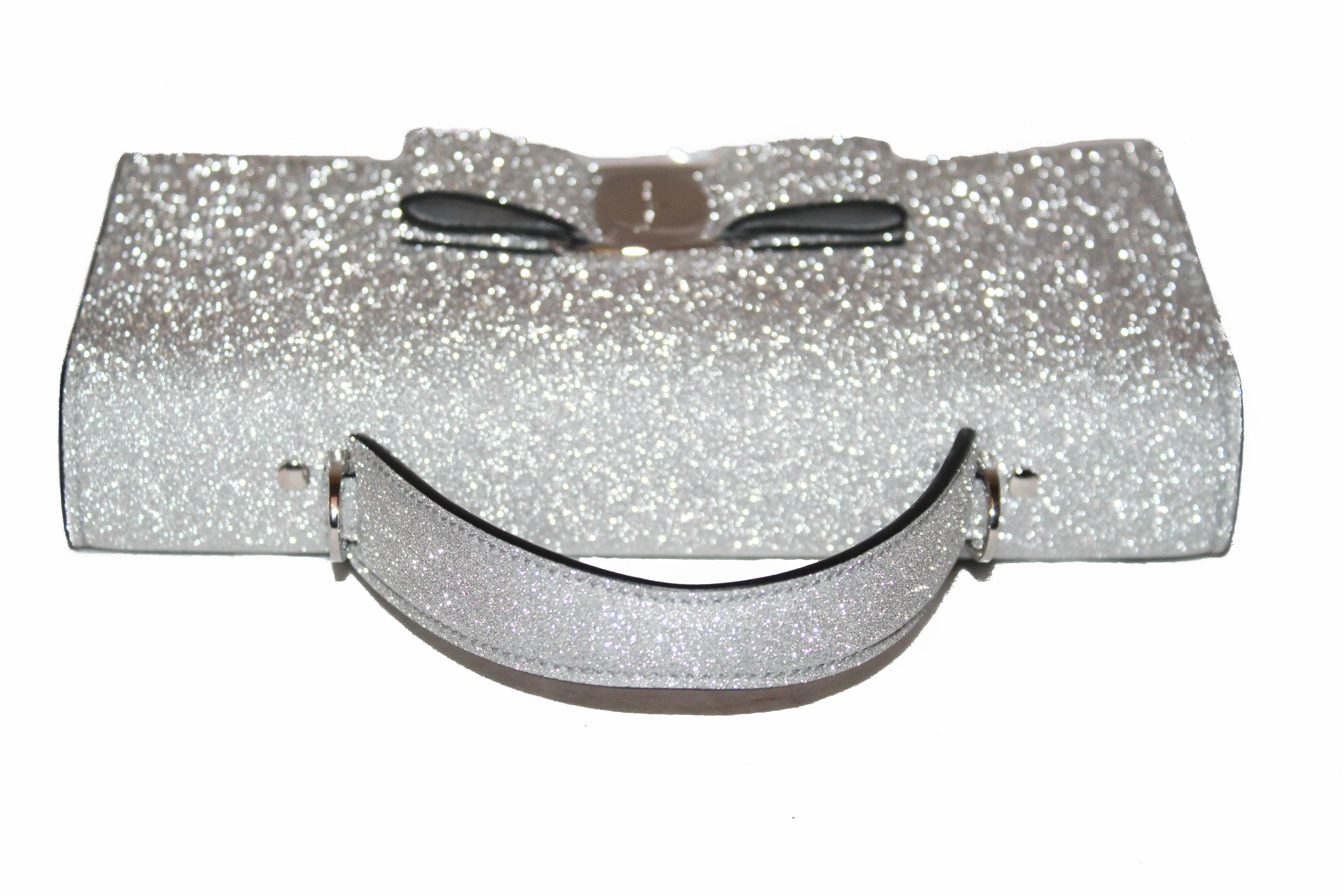 Authentic New Salvatore Ferragamo Metallic Silver Glitter Mini Vara Bow Top Handle Clutch