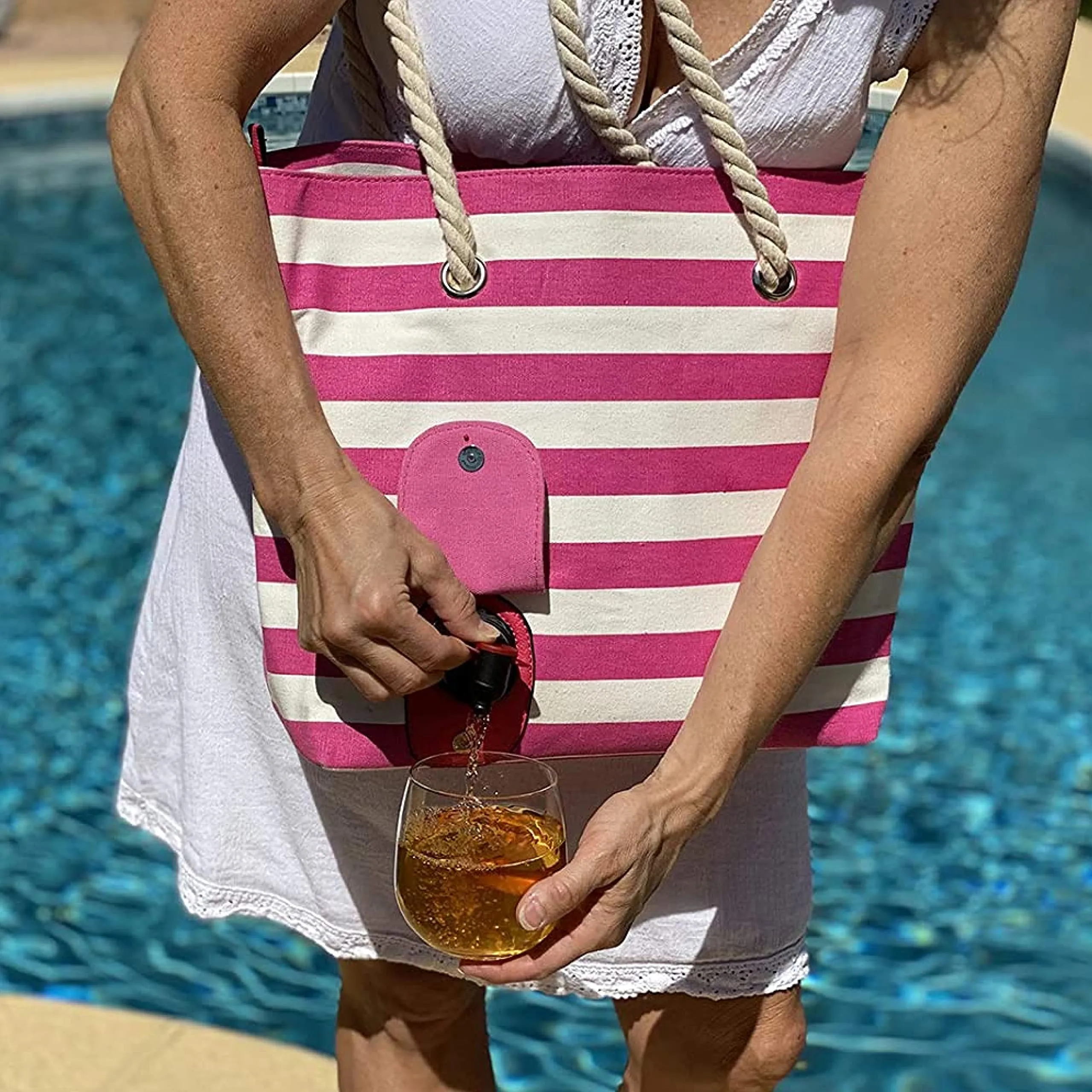 Beach Wine Purse/Tote With Hidden, Leakproof & Insulated Compartment, Holds 2 Bottles