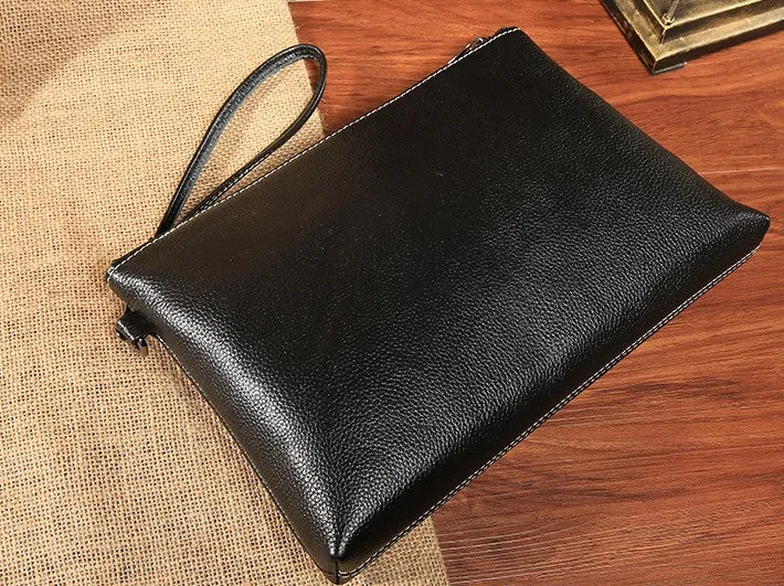 Black Leather Mens Wristlet Wallet Bag Zipper Clutch Wallet For Men