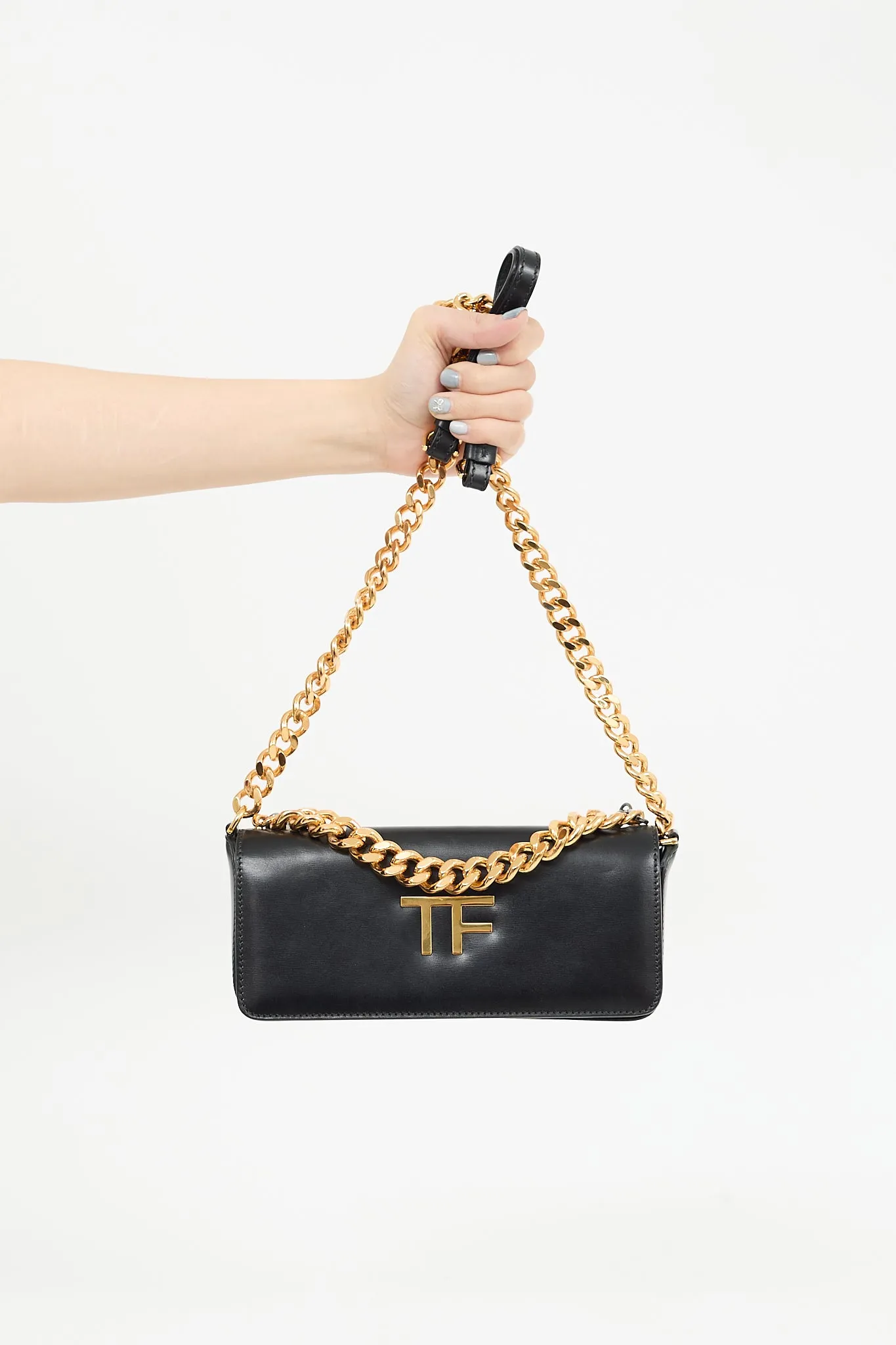 Black Leather Triple Chain Shoulder Bag