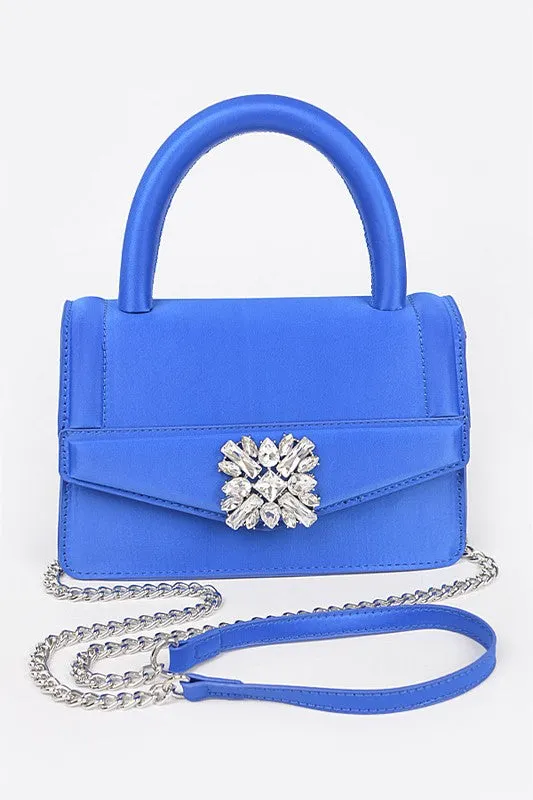 Blue Satin Stone Buckle Top Handle Bag