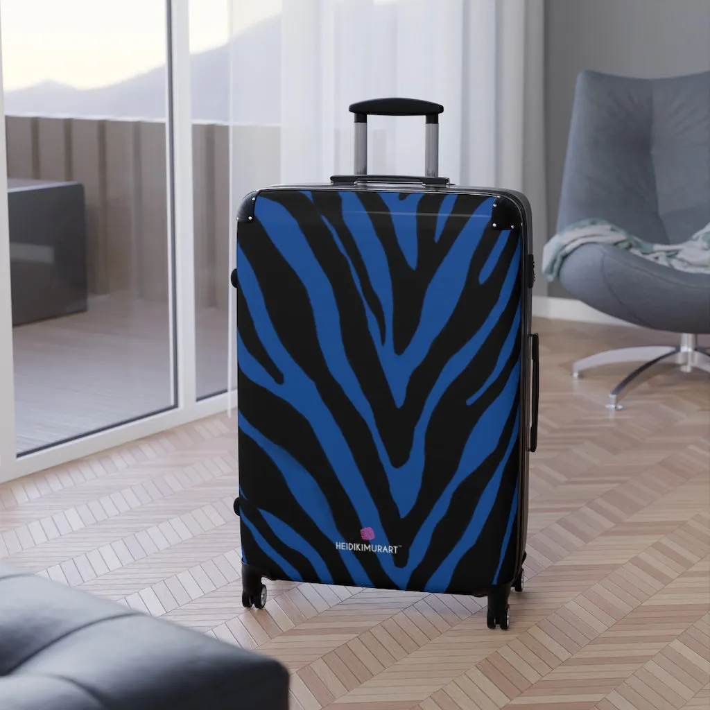 Blue Zebra Striped Print Suitcases, Zebra Striped Animal Print Designer Suitcase Luggage (Small, Medium, Large)