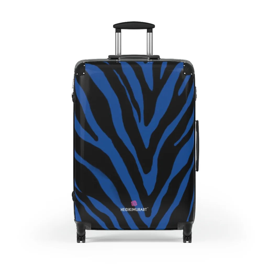 Blue Zebra Striped Print Suitcases, Zebra Striped Animal Print Designer Suitcase Luggage (Small, Medium, Large)