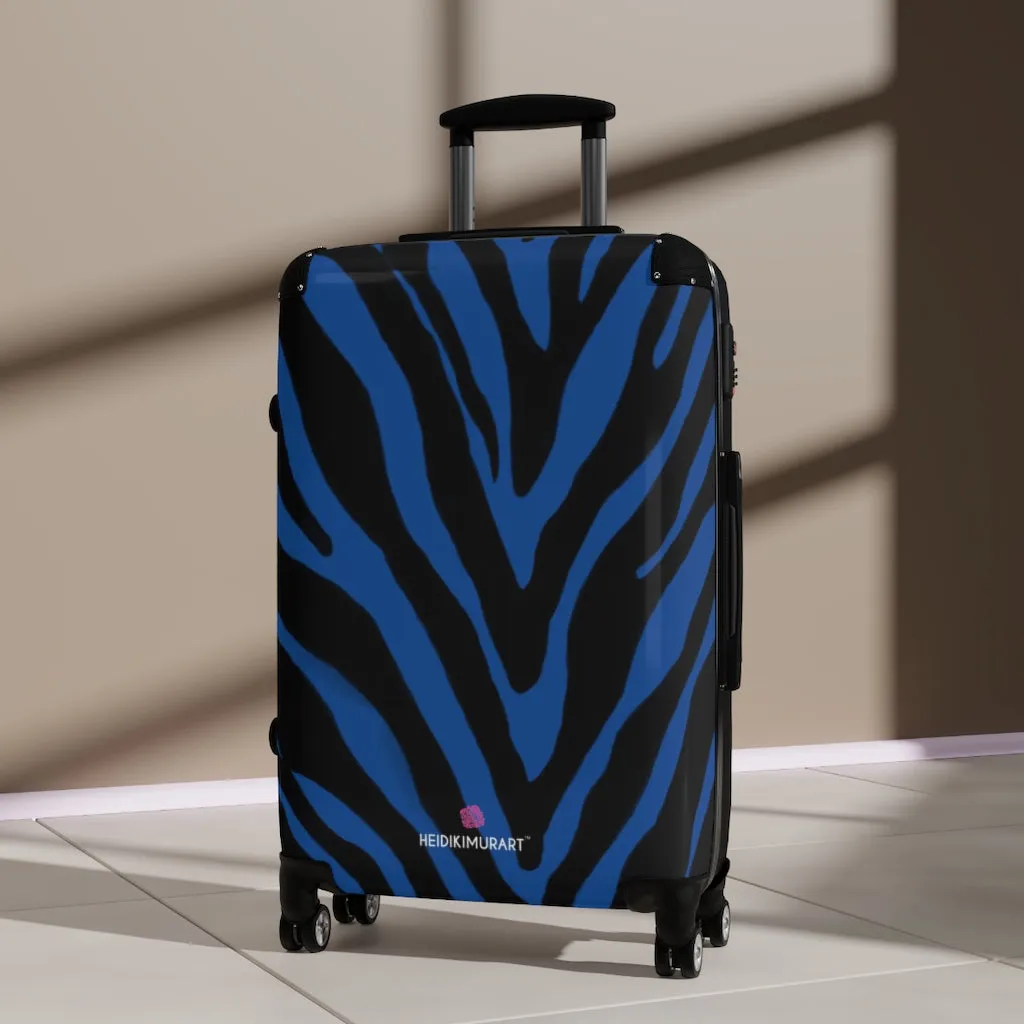 Blue Zebra Striped Print Suitcases, Zebra Striped Animal Print Designer Suitcase Luggage (Small, Medium, Large)