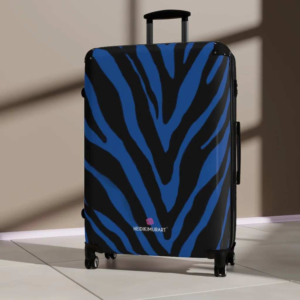 Blue Zebra Striped Print Suitcases, Zebra Striped Animal Print Designer Suitcase Luggage (Small, Medium, Large)