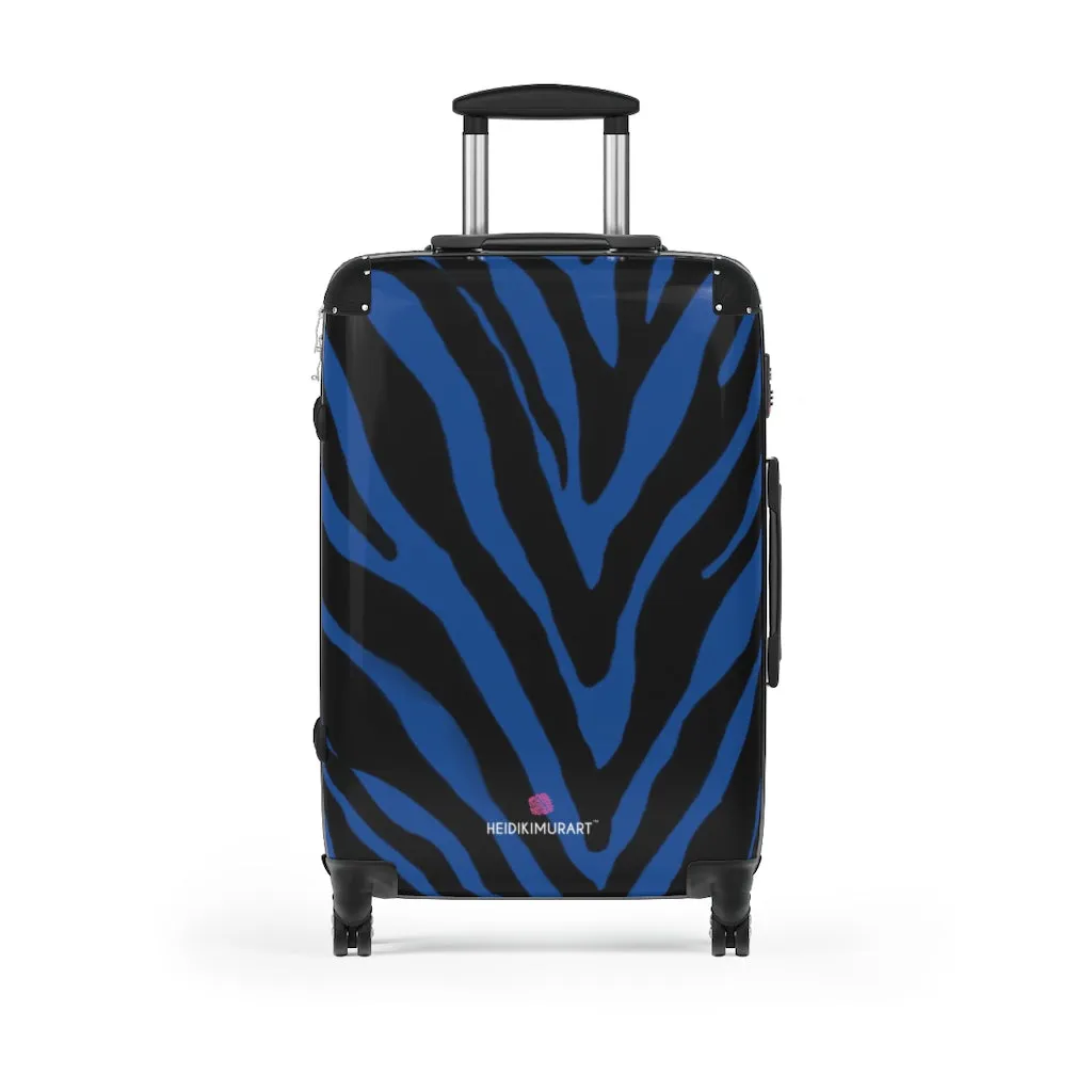 Blue Zebra Striped Print Suitcases, Zebra Striped Animal Print Designer Suitcase Luggage (Small, Medium, Large)