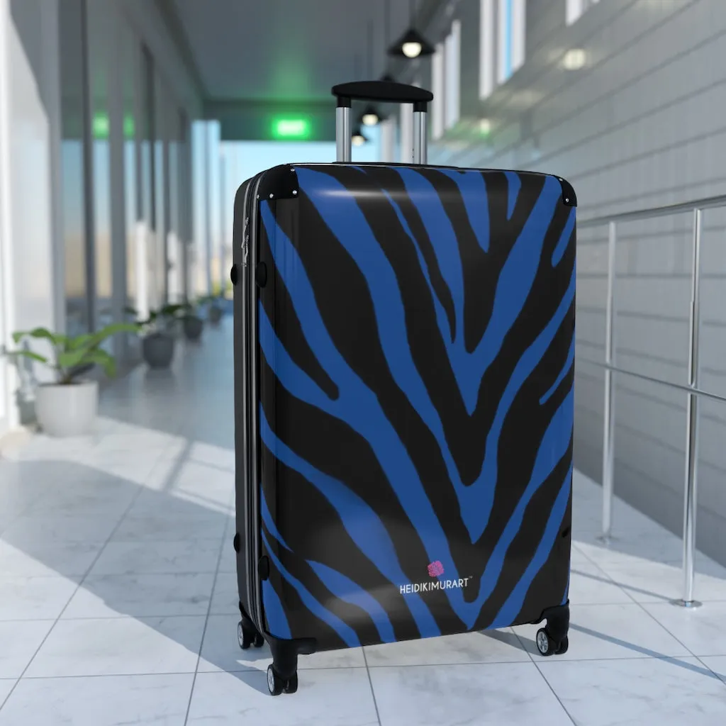 Blue Zebra Striped Print Suitcases, Zebra Striped Animal Print Designer Suitcase Luggage (Small, Medium, Large)