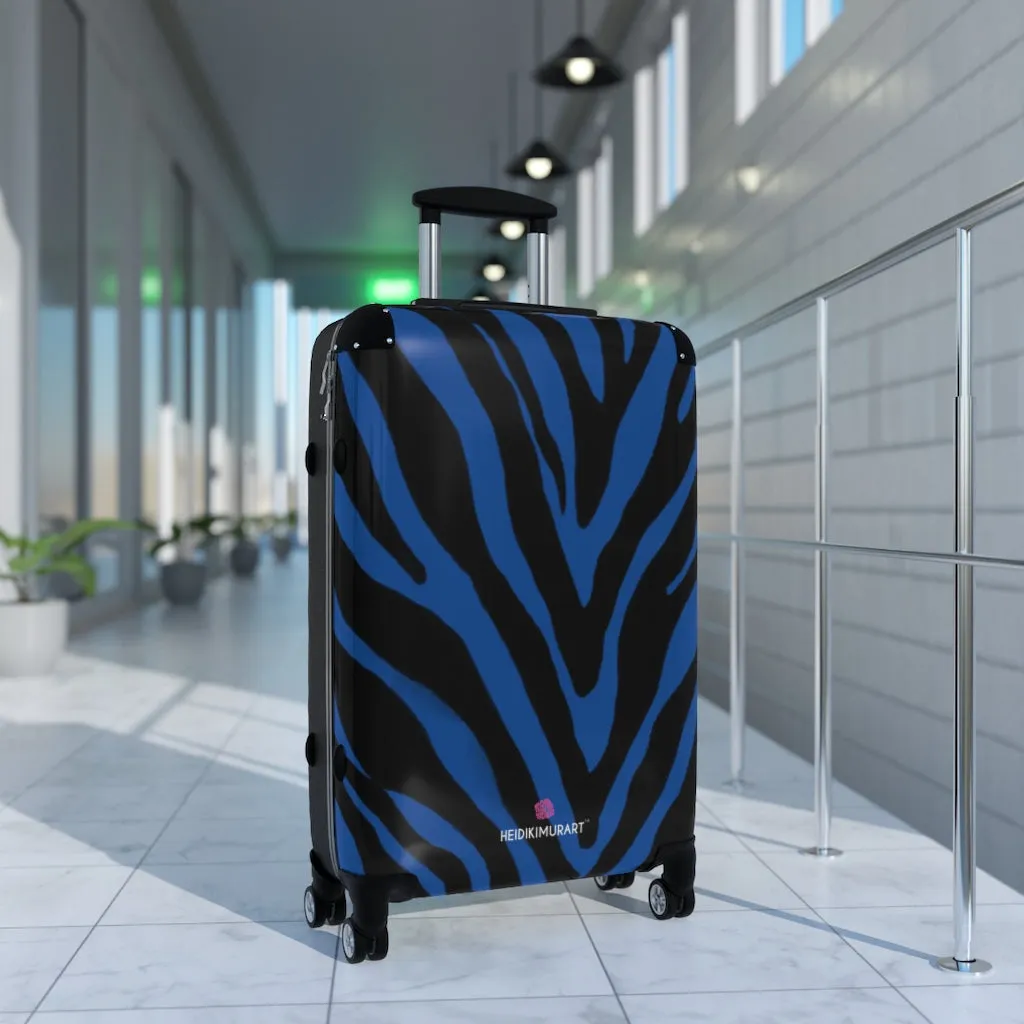 Blue Zebra Striped Print Suitcases, Zebra Striped Animal Print Designer Suitcase Luggage (Small, Medium, Large)