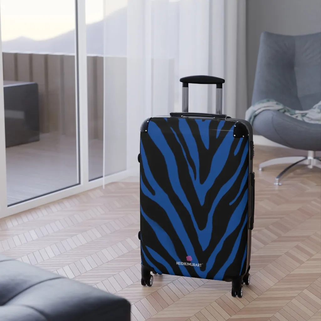 Blue Zebra Striped Print Suitcases, Zebra Striped Animal Print Designer Suitcase Luggage (Small, Medium, Large)