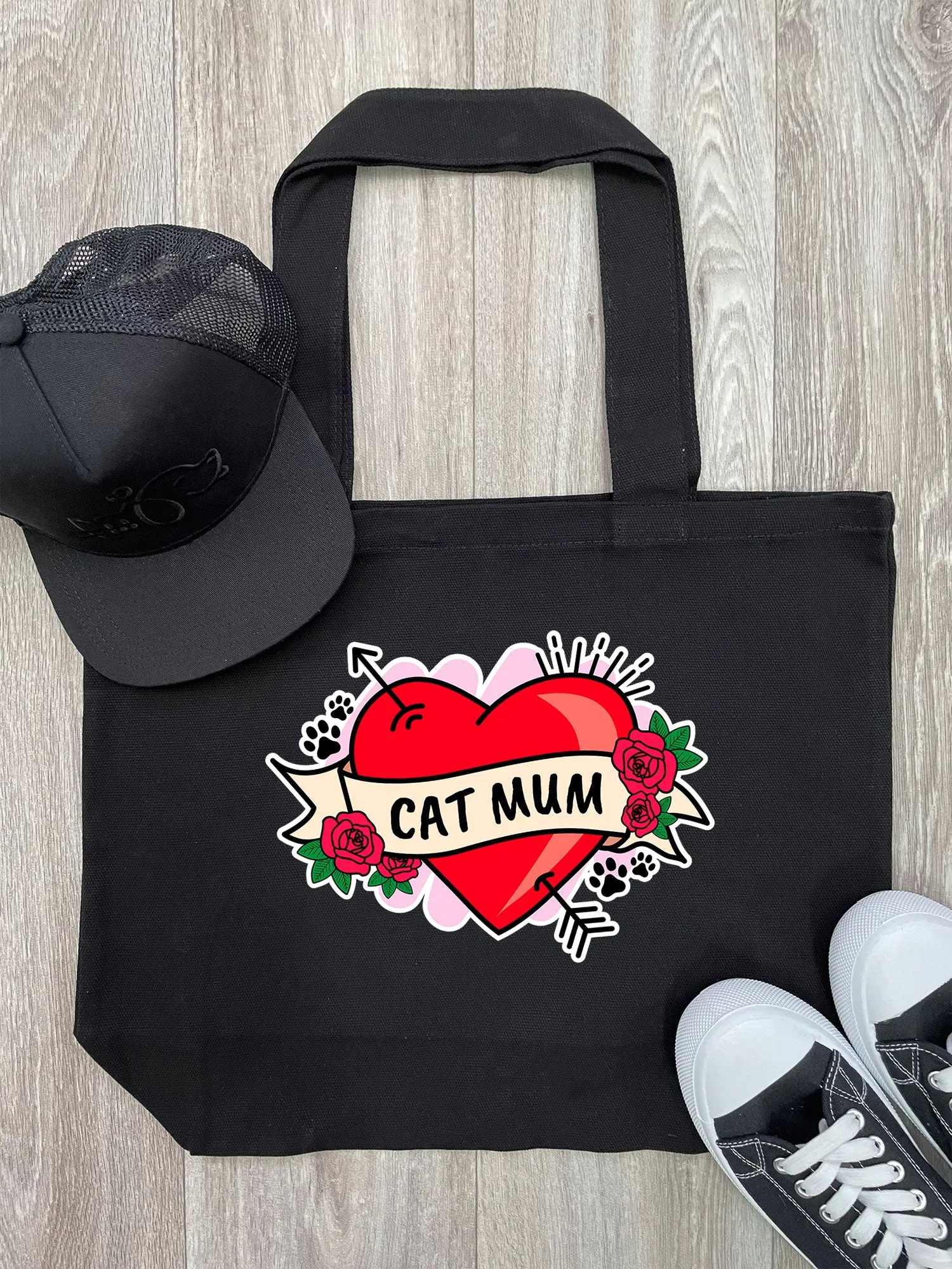 Cat Mum Heart Tattoo Cotton Canvas Shoulder Tote Bag