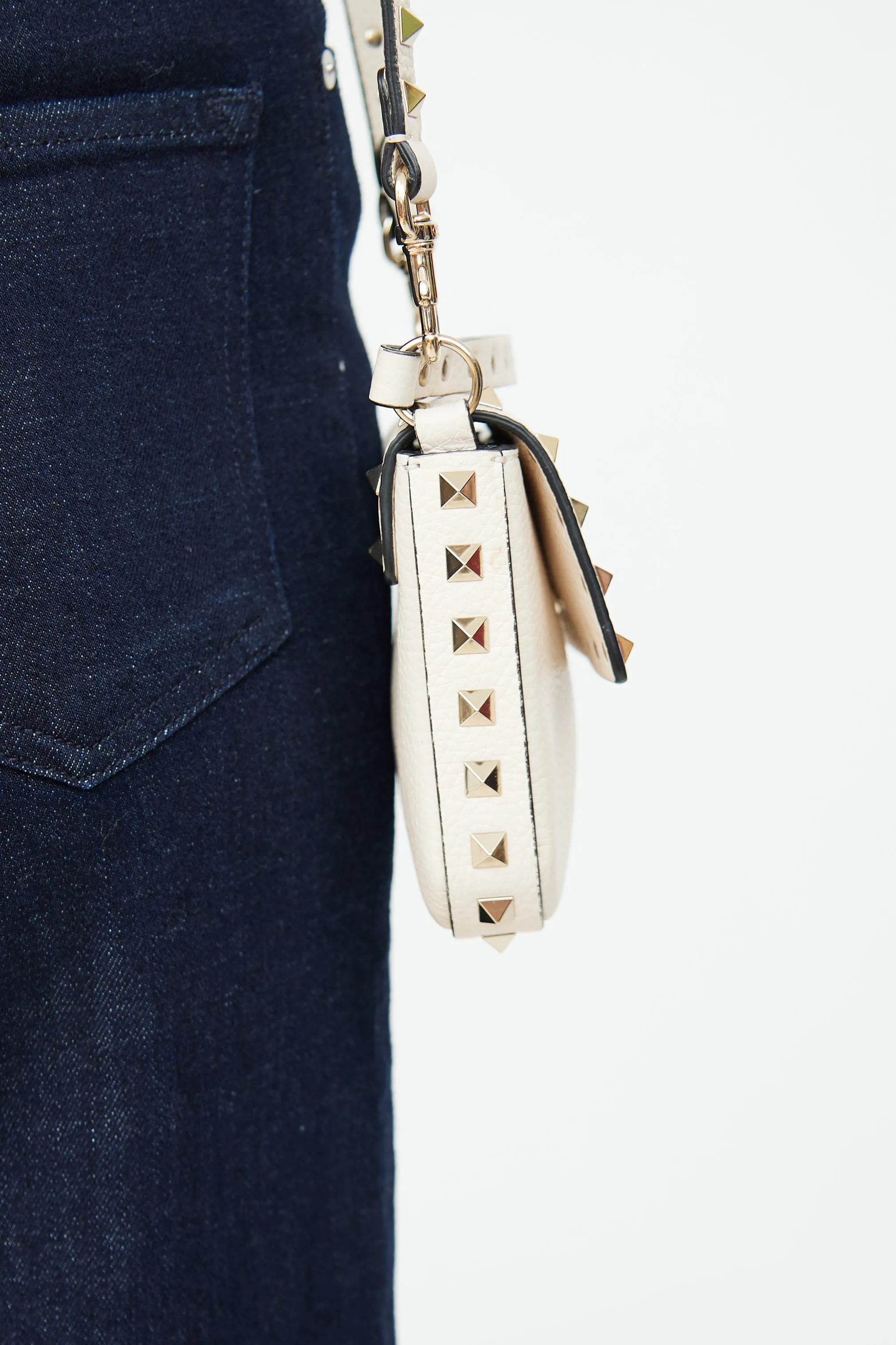 Cream Small Leather Rockstud Crossbody Bag