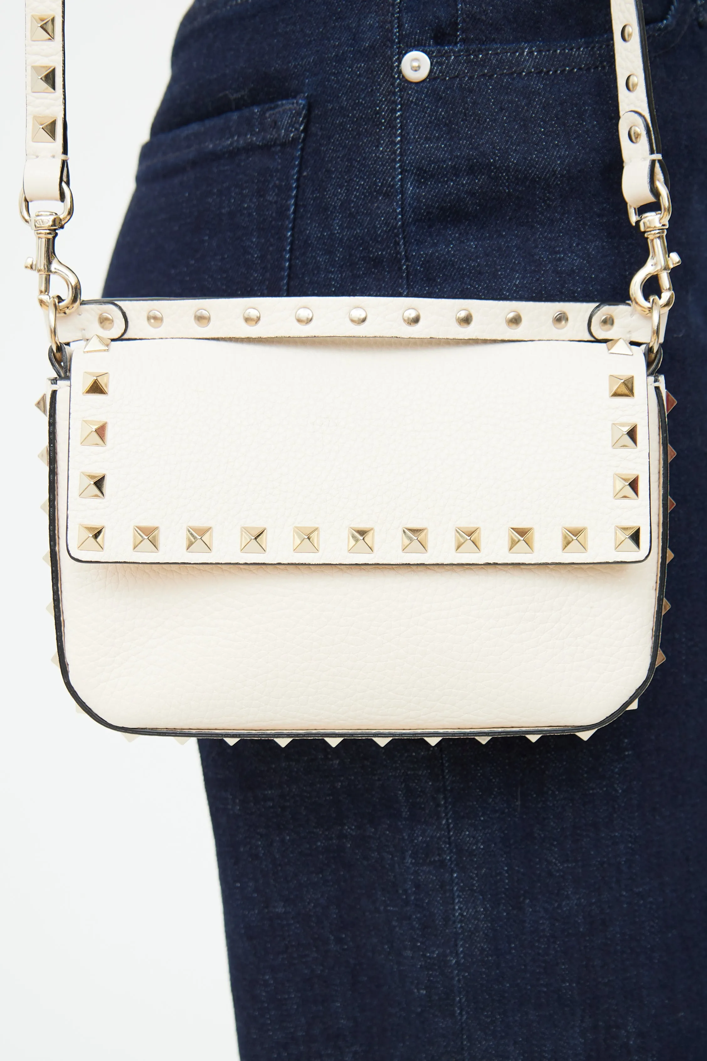 Cream Small Leather Rockstud Crossbody Bag