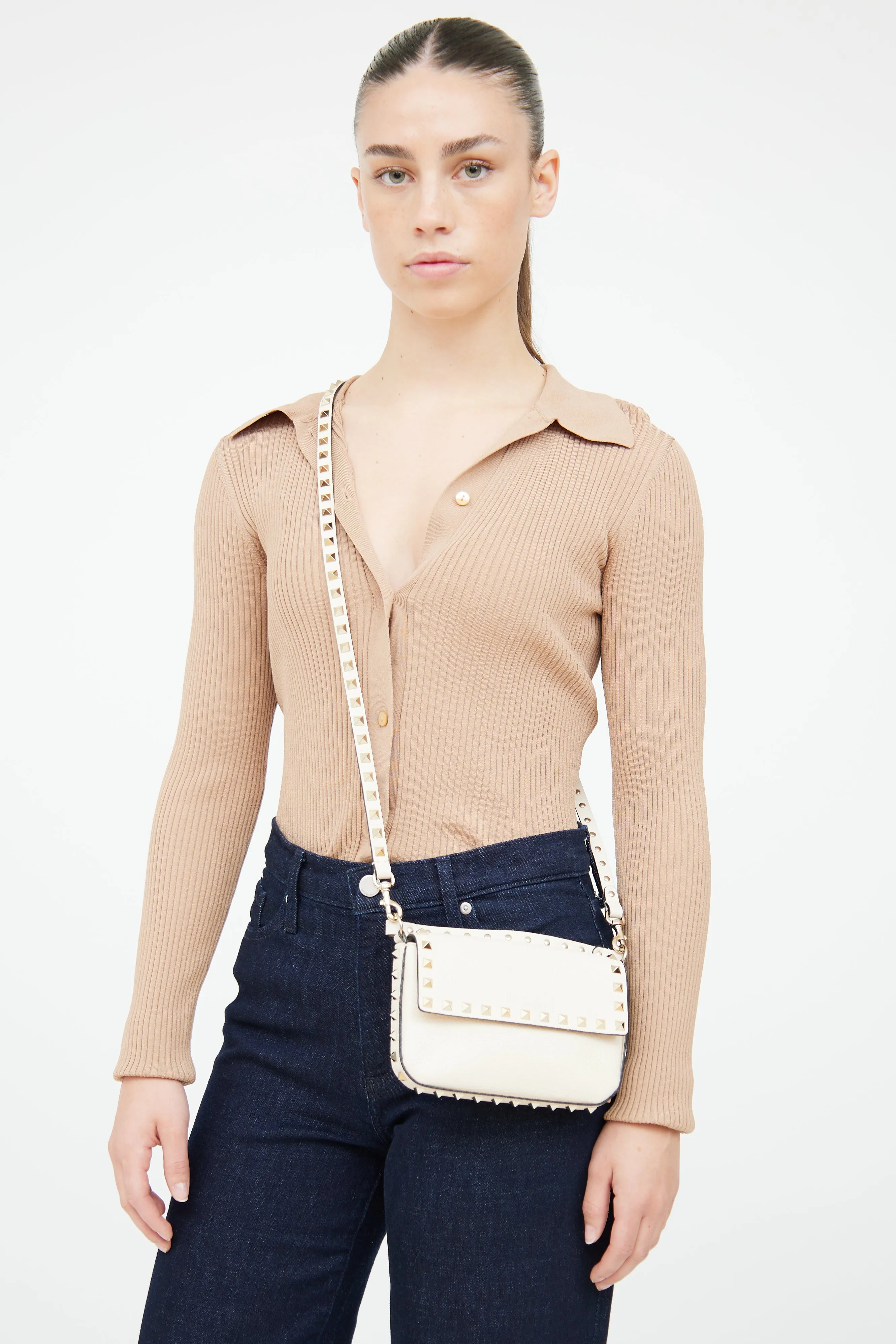 Cream Small Leather Rockstud Crossbody Bag