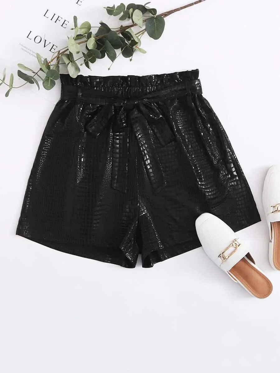 Crocodile Pattern Belted Paperbag Shorts