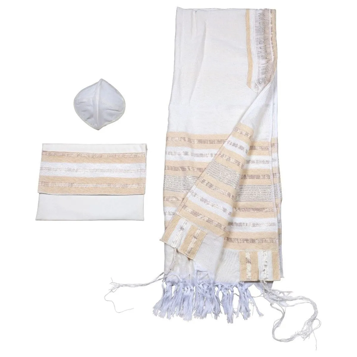 Designer Gold Patterned Handwoven Cotton Tallit By Elimelech 18"x71" Kippah & Tallit bag