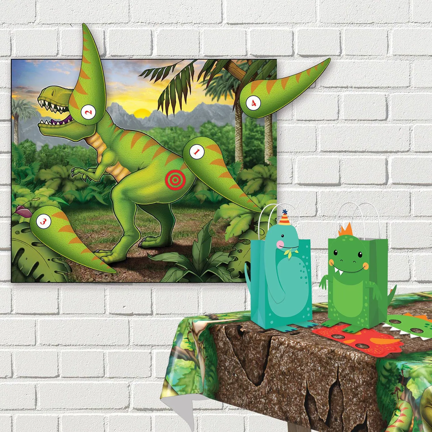 Dinosaur Party Dino-Mite Party Masks, Make Your Own Paper Gift Bags, and Pin the Tail on the Dinosaur Game For 8 Guests