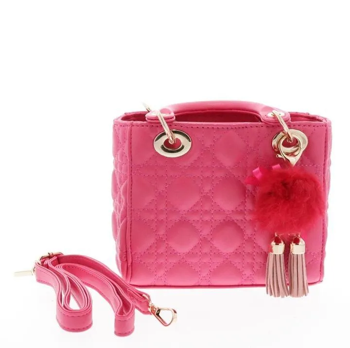 Doe A Dear Fuchsia Top Handle Bag with Gold Chained Fur Ball Handbag