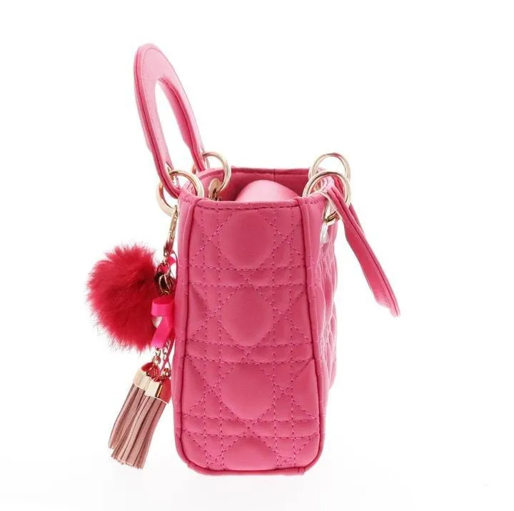 Doe A Dear Fuchsia Top Handle Bag with Gold Chained Fur Ball Handbag