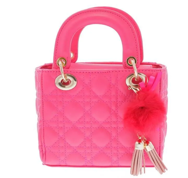 Doe A Dear Fuchsia Top Handle Bag with Gold Chained Fur Ball Handbag