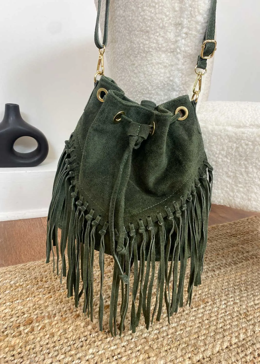 Dutton Suede Fringe Bucket Bag in Khaki