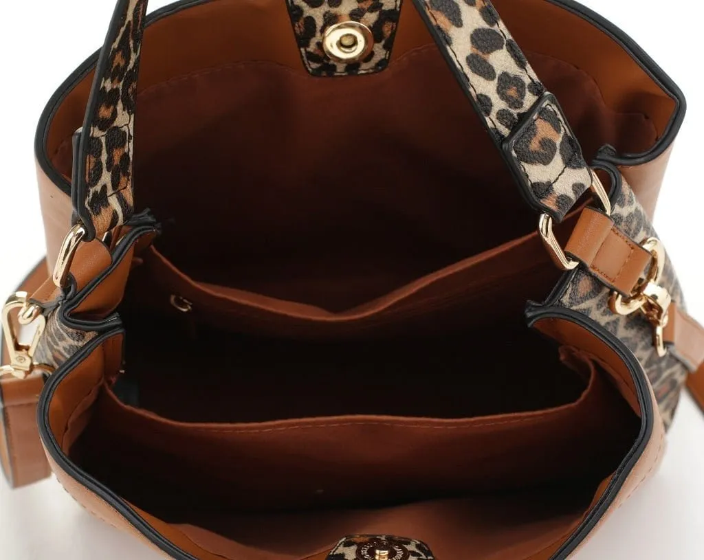 EJ91504L Leopard Panel Three Compartment Handbag