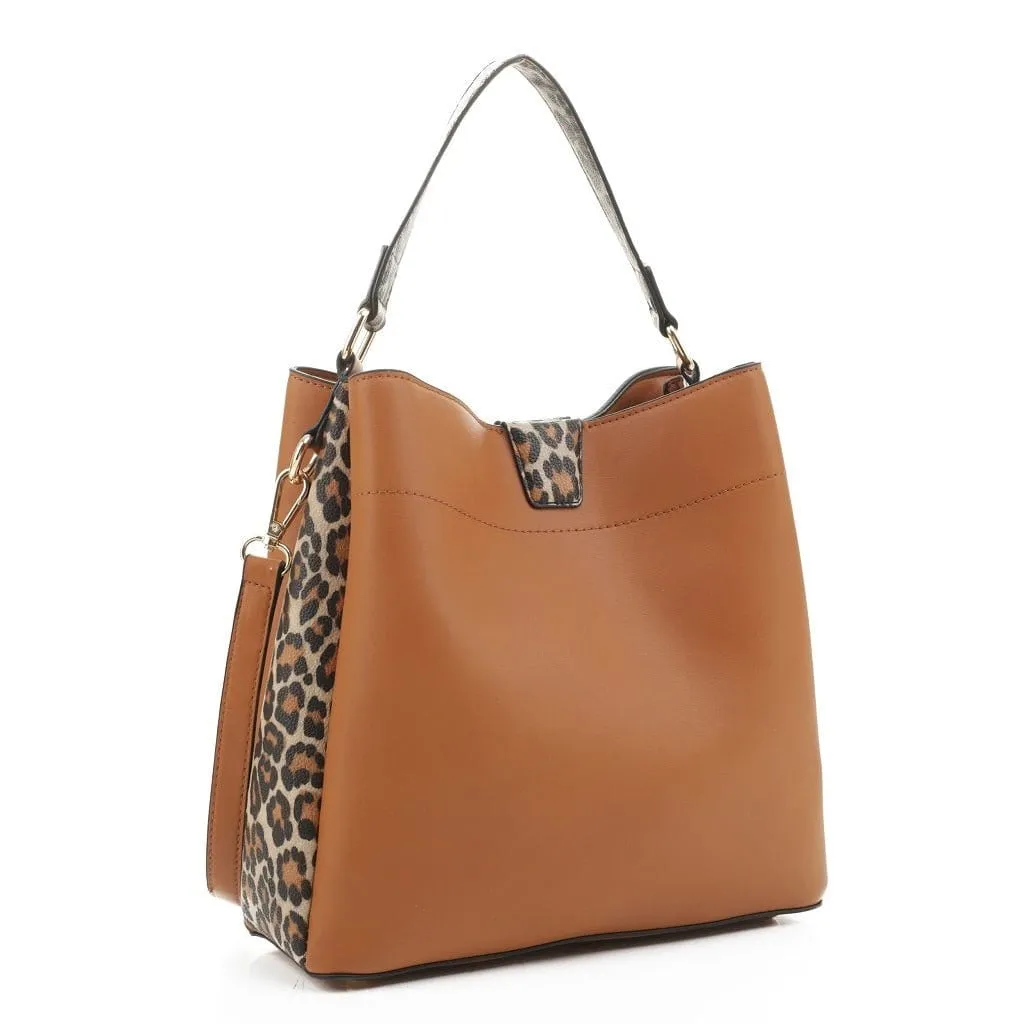 EJ91504L Leopard Panel Three Compartment Handbag