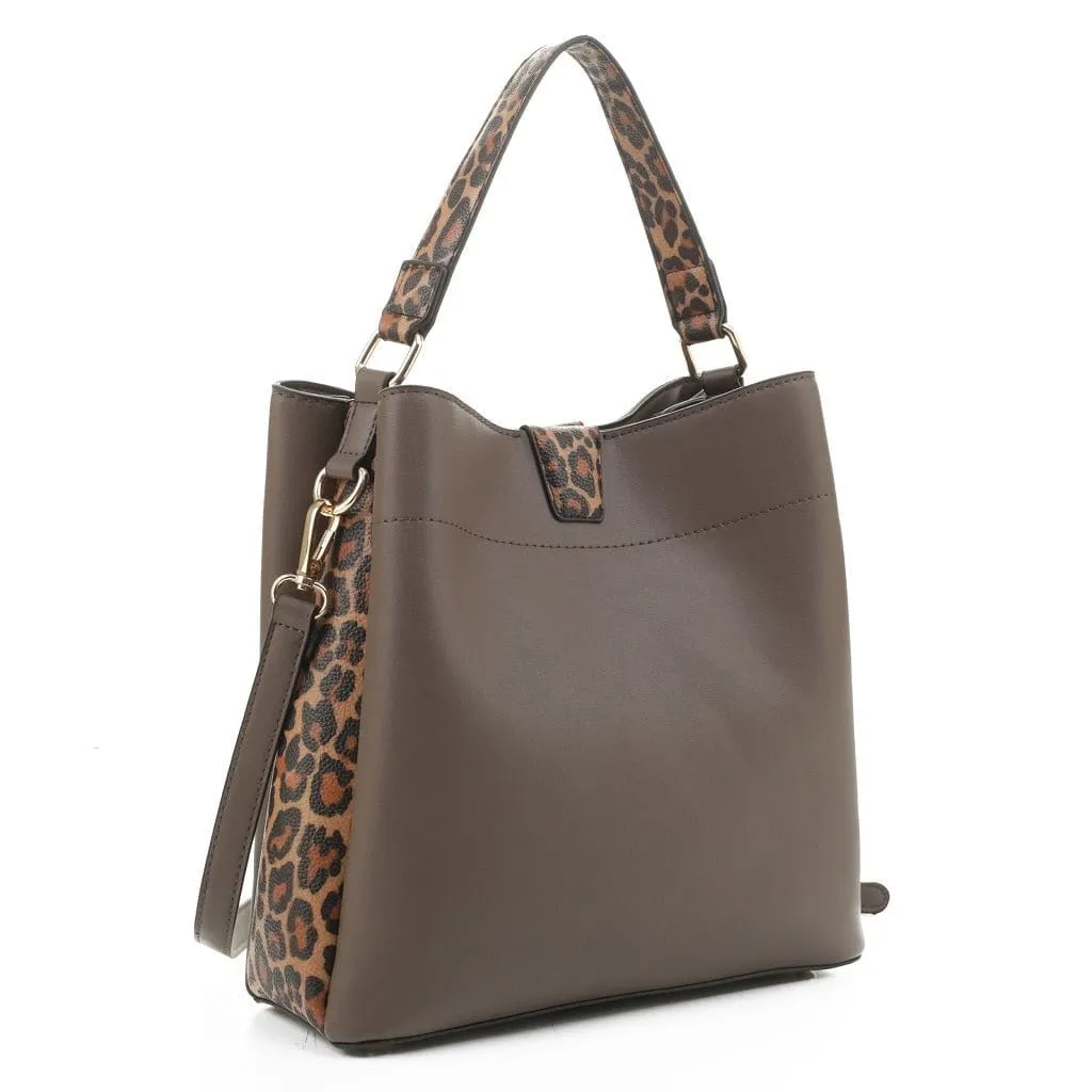 EJ91504L Leopard Panel Three Compartment Handbag