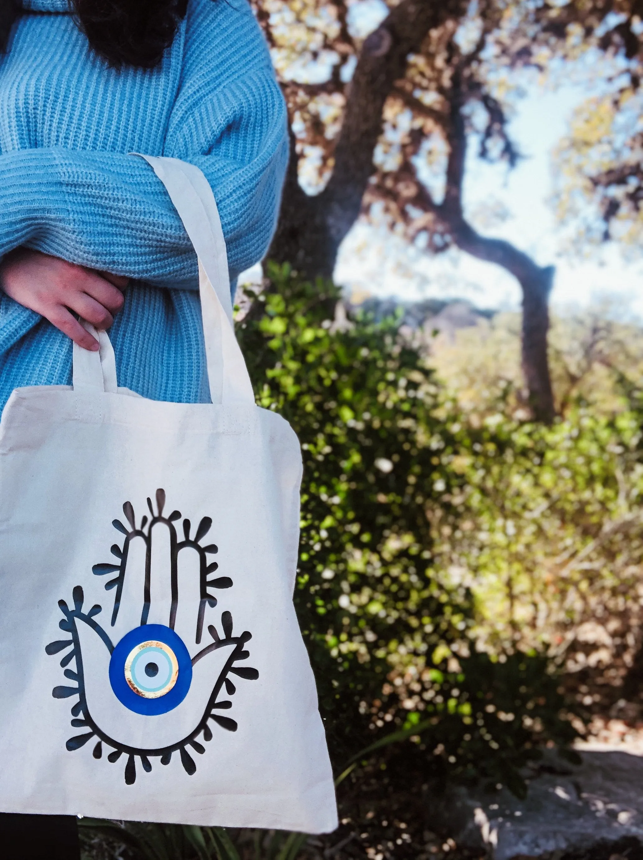 Evil Eye Design Hamsa Hand Tote Bag Handmade Natural Color