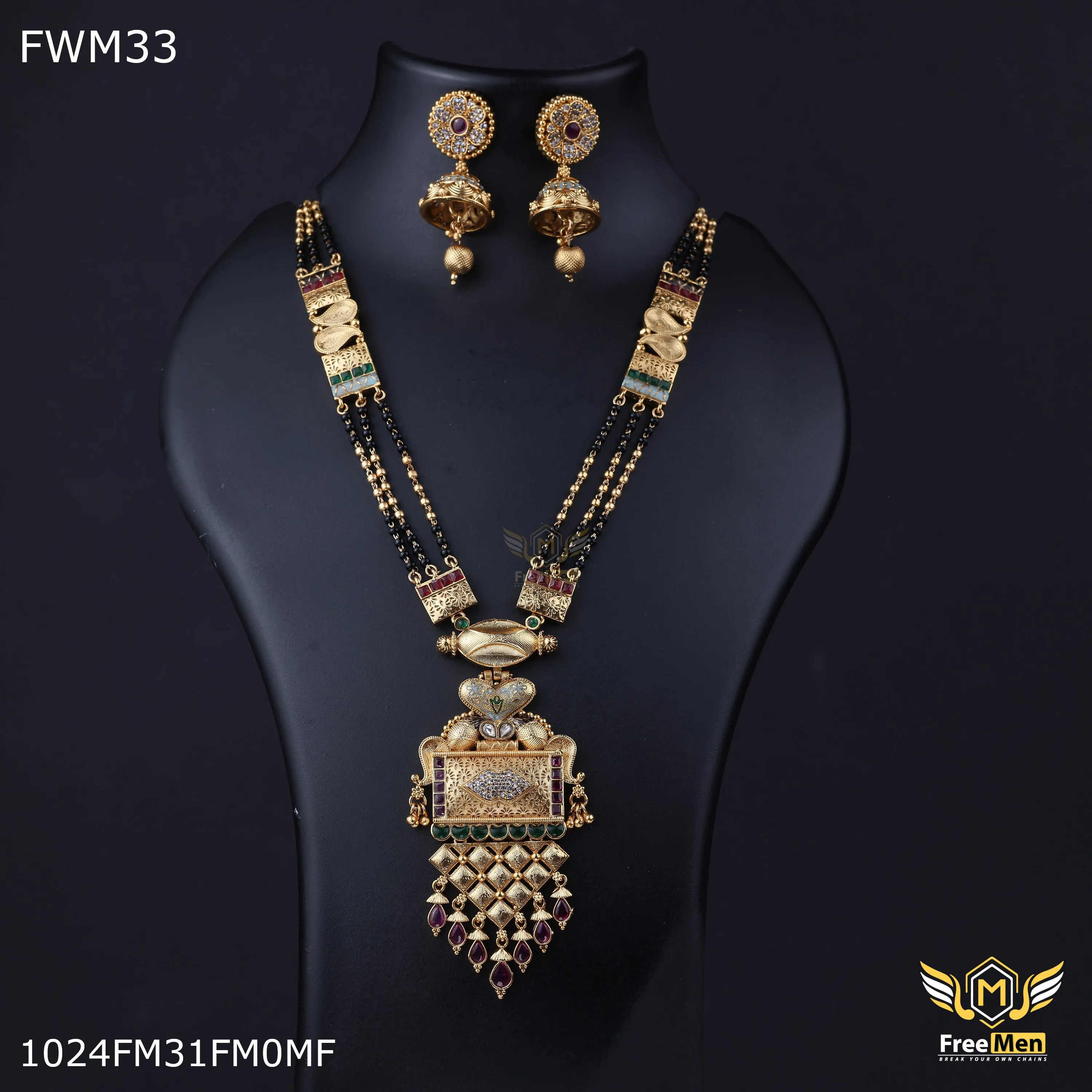 Freemen Antic Rectangle Rajwadi Mangalsutra With Earring for women - FWGM033