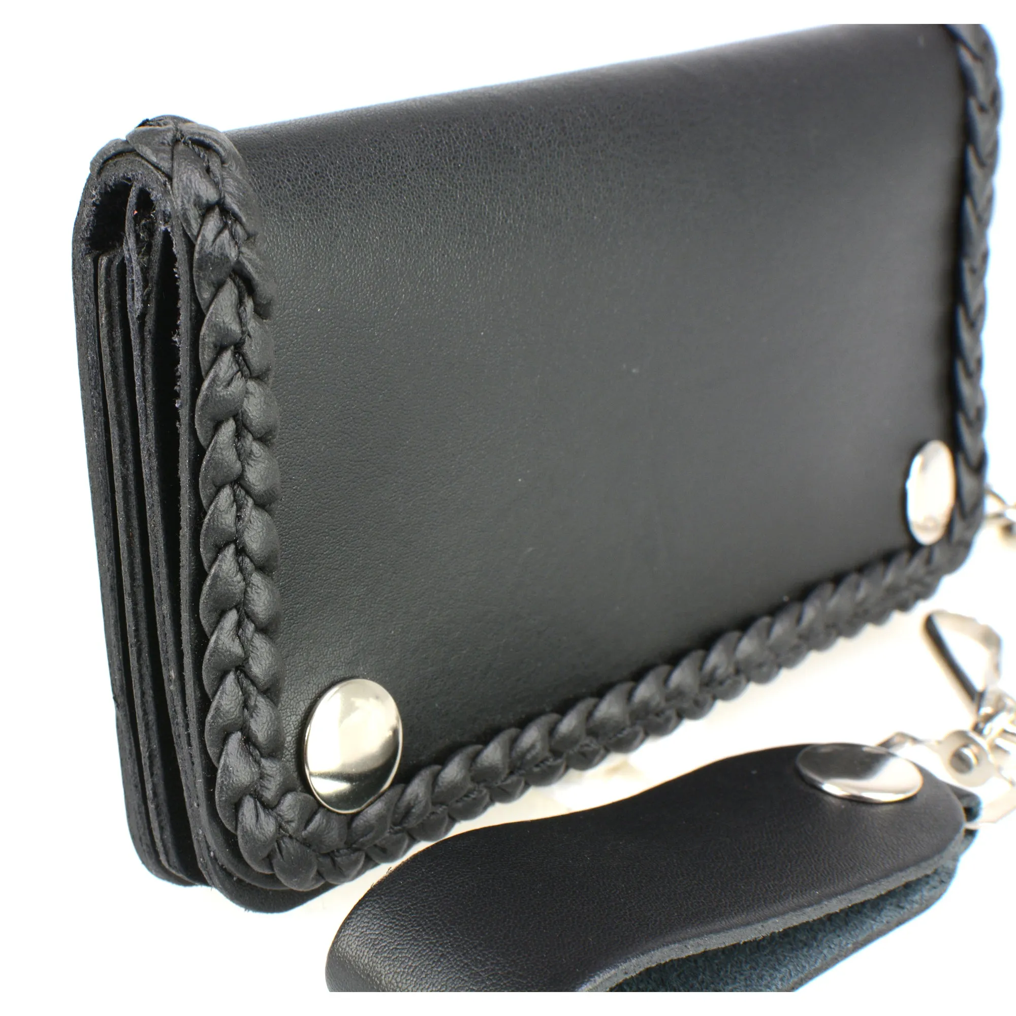 Hot Leathers WLC1002 5 Pocket Bi-fold Braided Detail Black Leather Wallet with Chain