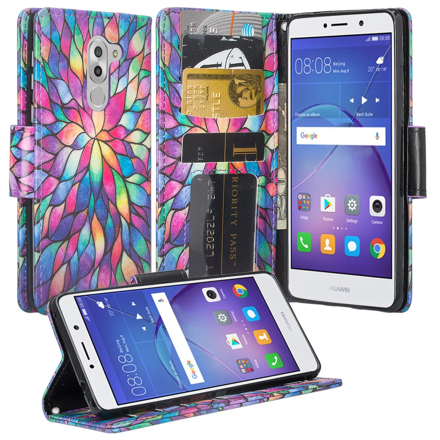 Huawei Honor 6X Case, Mate 9 Lite, GR5 2017 Wrist Strap Pu Leather Magnetic Flip Fold[Kickstand] Wallet Case with ID & Card Slots for Mate 9 Lite - Rainbow Flower