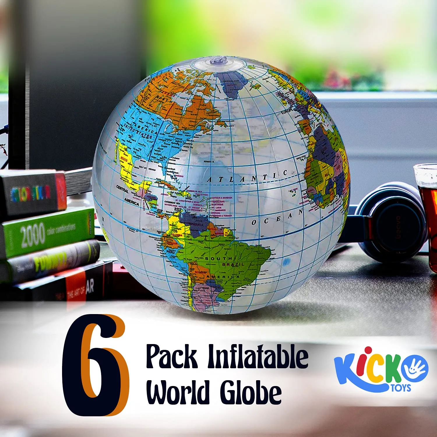 Kicko Inflatable World Globe - Pack of 6 - 16 Inch Political and Topographical Clear Globe