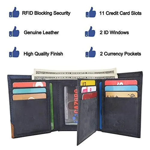 Leather Trifold RFID Blocking Wallet For Men With Flip Out ID Holder by Cazoro RFID611296