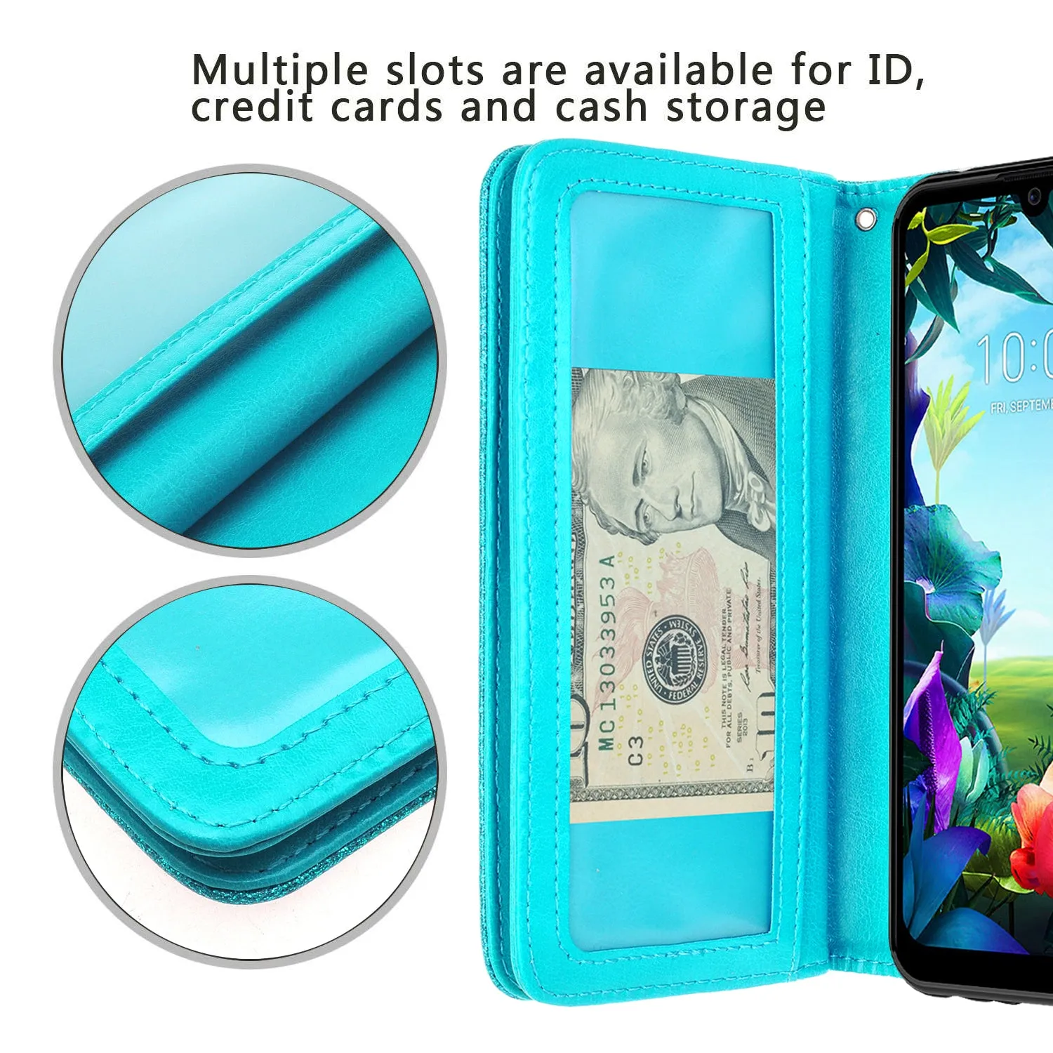 LG Stylo 6 Case, Stylo 6 Wallet Case, Glitter Faux Leather Flip Credit Card Holder Wrist Strap Shockproof Protective Wallet Case Clutch for Stylo 6 - Teal