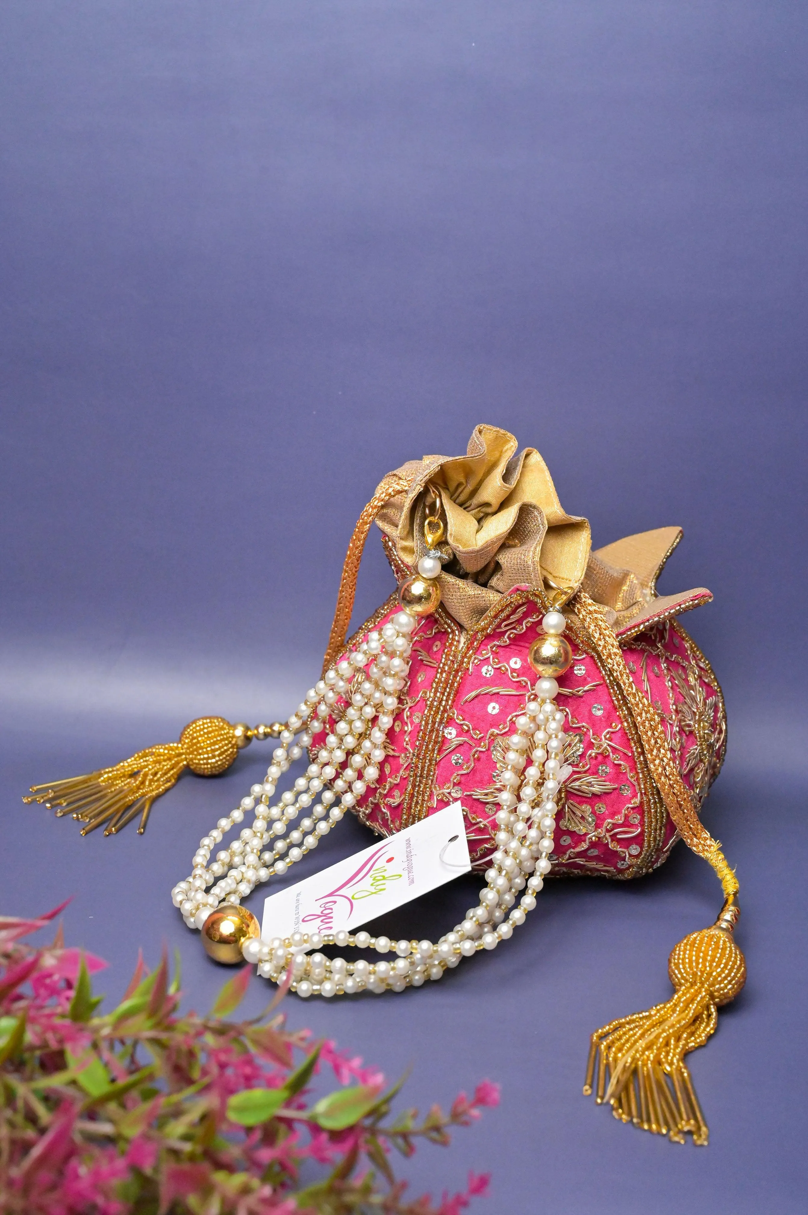 Magenta Pink Color Designer Potli Bag with Zardozi Embroidery and Pearl Handle