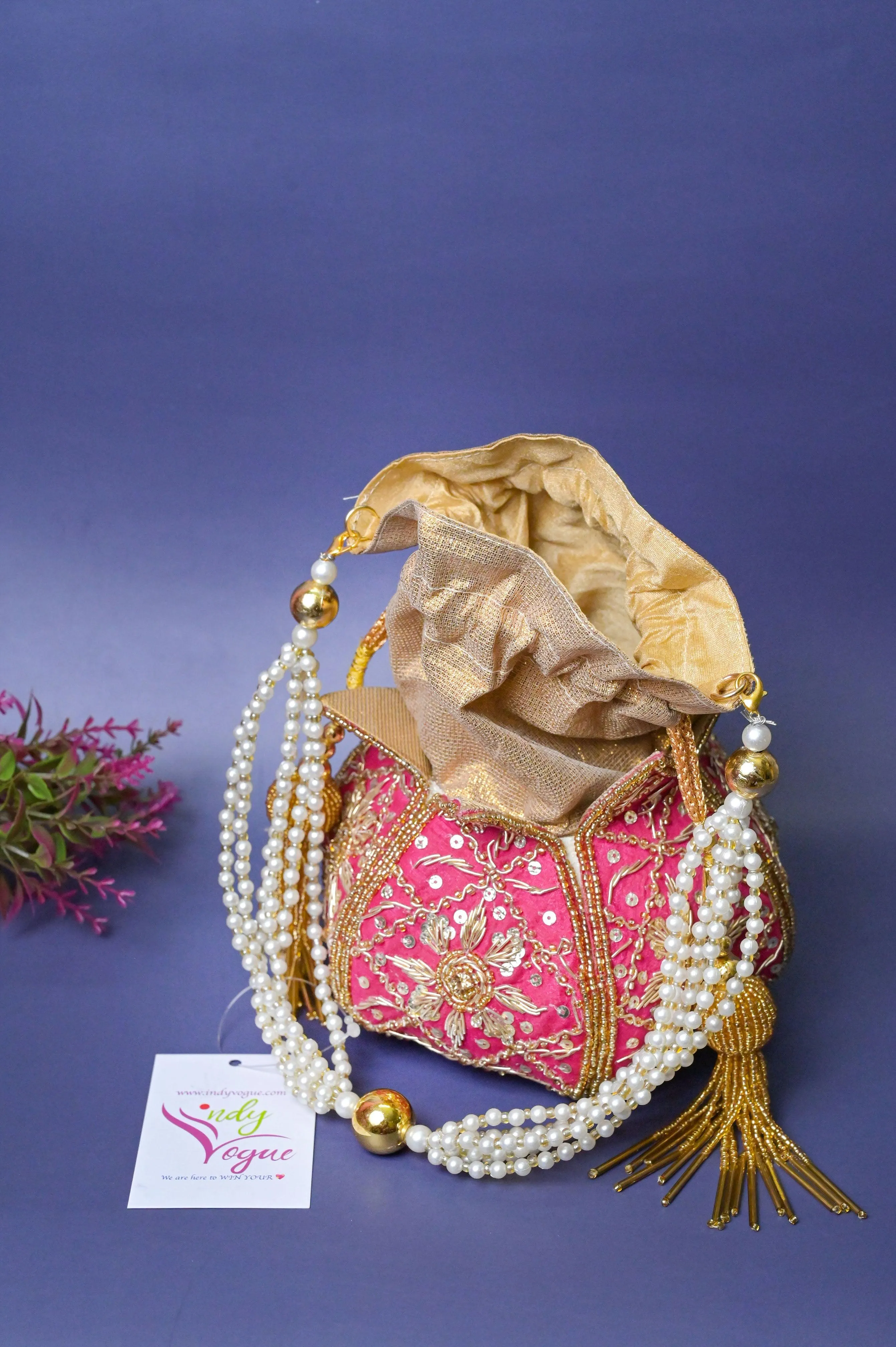 Magenta Pink Color Designer Potli Bag with Zardozi Embroidery and Pearl Handle