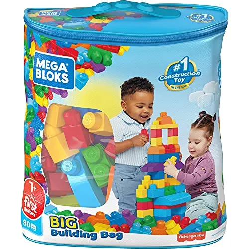 MEGA BLOKS Fisher-Price Toddler Block Toys, Big Building Bag with 80 Pieces and Storage Bag, Blue, Gift Ideas for Kids Age 1  Years