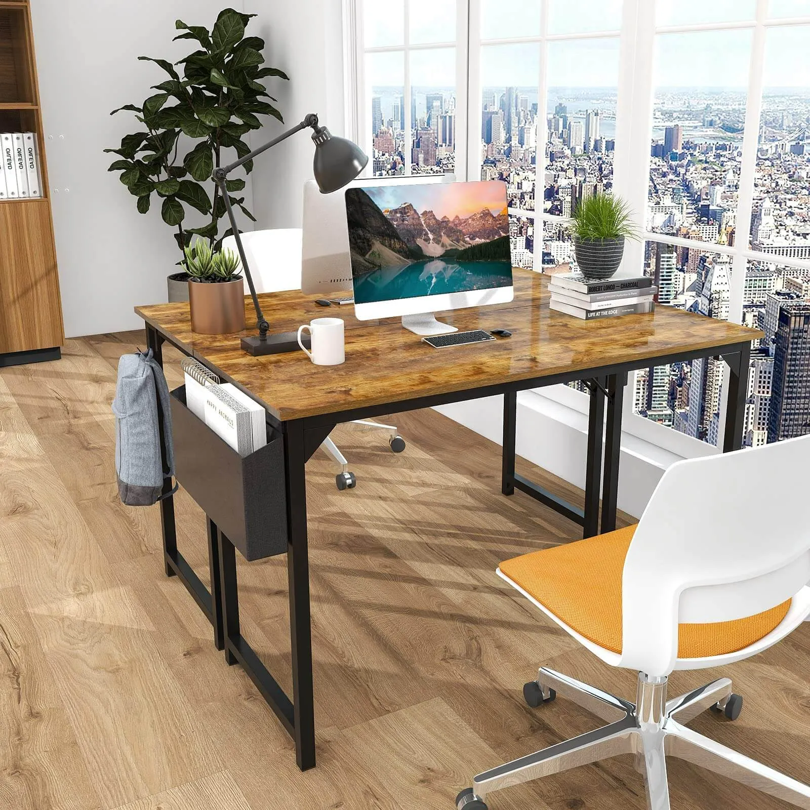 Modern Simple Style Wooden Work Office Desks with Storage Bag and Iron Hook