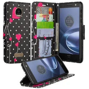 Moto Z Force Droid Case, Wrist Strap Flip Folio [Kickstand] Pu Leather Wallet Case with ID & Credit Card Slots & Money Pocket - Polka Dot Hearts