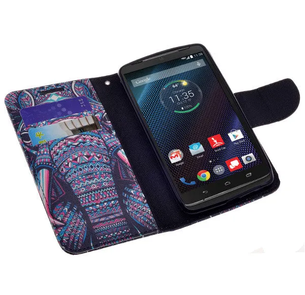 Motorola Droid Turbo | Motorola Moto Maxx | Motorola XT1254 Cases, Wrist Strap Magnetic Fold[Kickstand] Pu Leather Wallet Case with ID & Credit Card Slots for Motorola Droid Turbo | Motorola Moto Maxx | Motorola XT1254  - Tribal Elephant