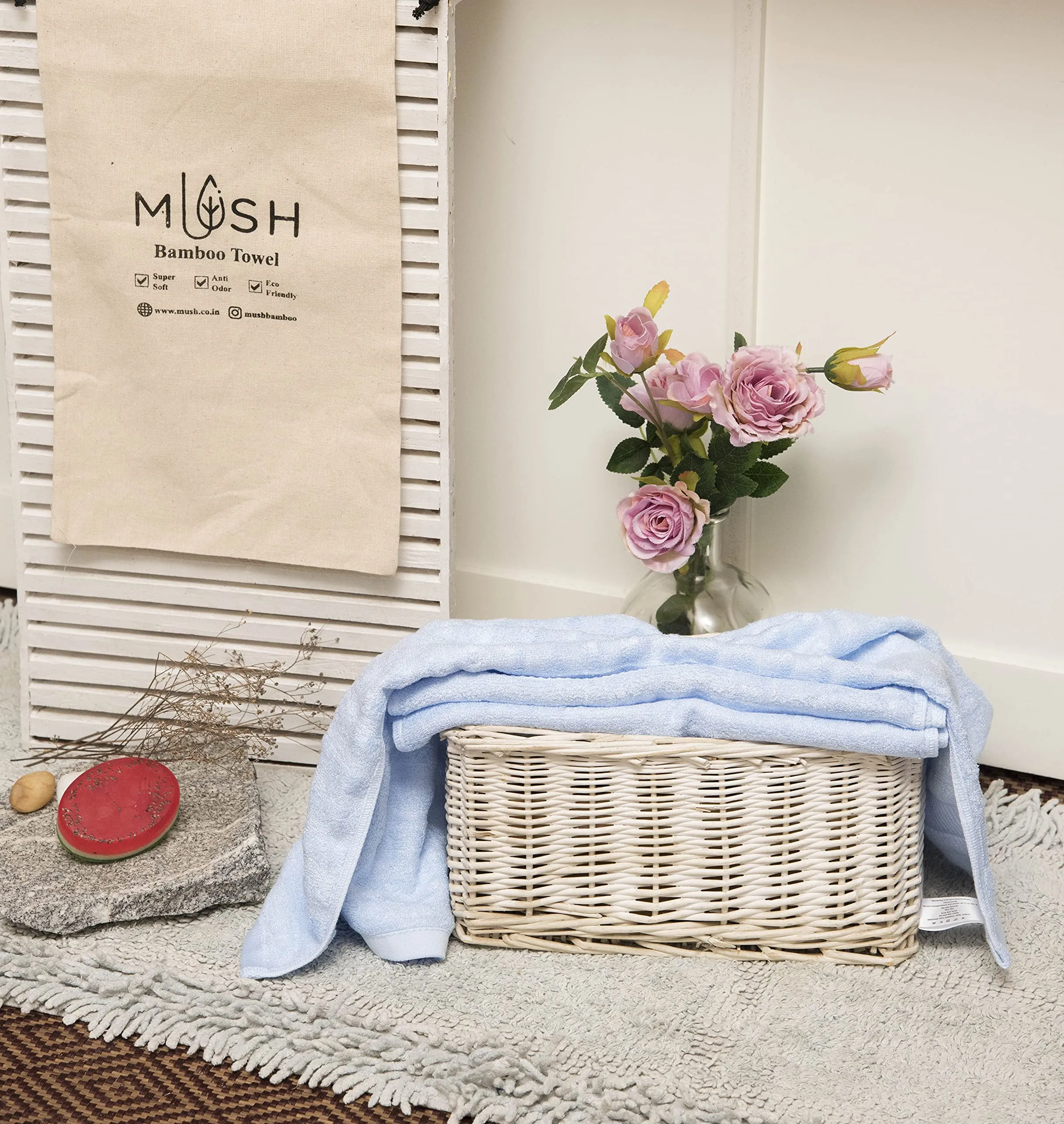 Mush Bamboo Hand Towel Set of 2 | 100% Bamboo | Ultra Soft, Absorbent & Quick Dry Towel for Daily use. Gym, Pool, Travel, Sports and Yoga | 75 X 35 cms | 600 GSM (Sky Blue)